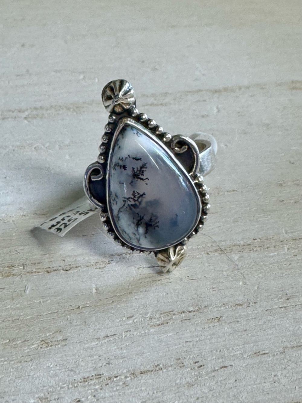 Dendritic Agate Sterling Silver Gemstone Teardrop Ring - Gray/White - Size 7